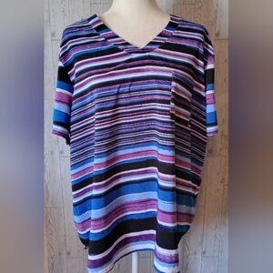Easy Stretch Striped Top Pocket Sleeve Colorful Women's Size 2X